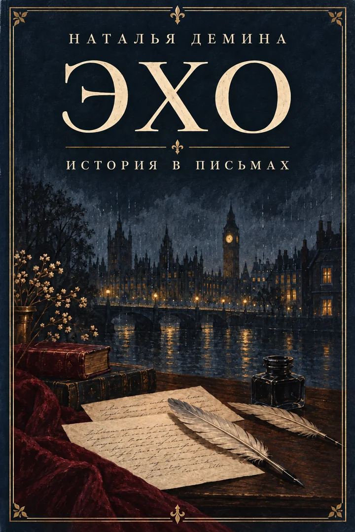 Книжная обложка «Эхо. История в письмах» Натальи Деминой: перья, письма и дождливый Лондон