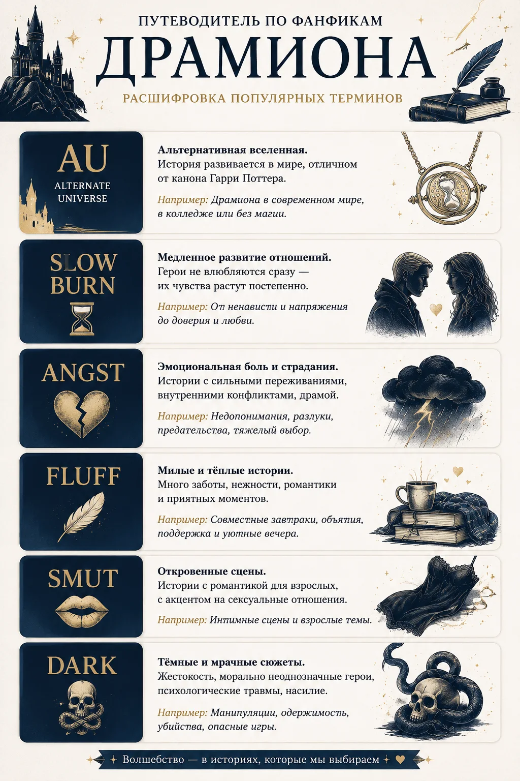 Инфографика с терминами AU, Slow Burn, Angst, Fluff, Smut и Dark в фанфиках Драмионы